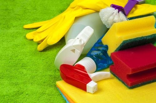 Carpet cleaner using protective equipment and warning signs