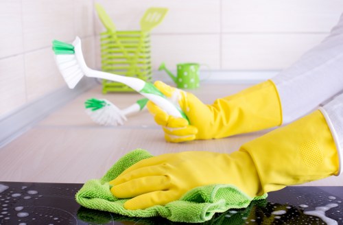A carpet cleaning professional inspecting carpet fibers and stain areas