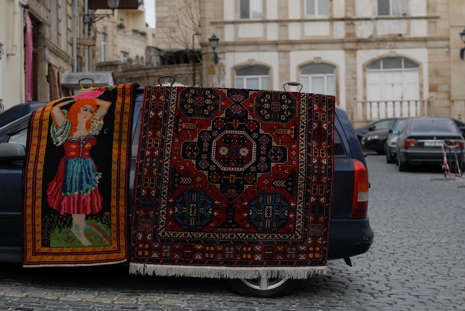 Two intricately patterned Persian rugs, one featuring a colorful depiction of a fairy or princess with flowing red hair, wearing a red and blue dress, and the other showcasing a traditional geometric